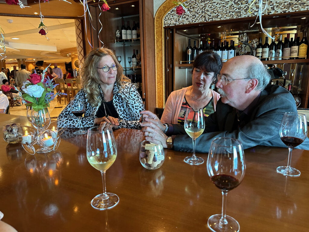 Enjoying fine wine on our Alaska cruise