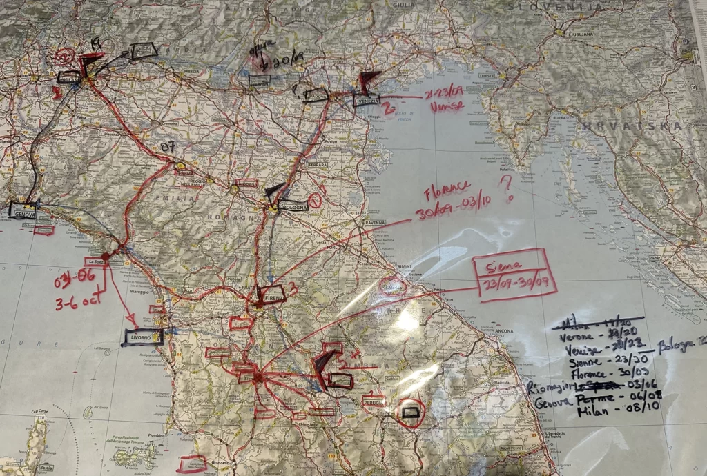 A map showing the planned Italy road trip itinerary