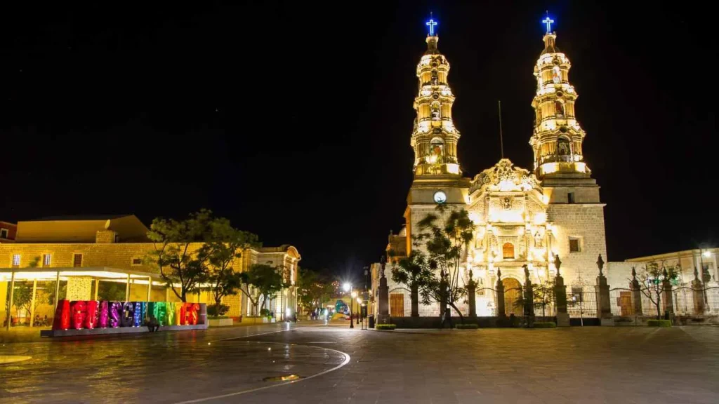 Aguascalientes cathedral illuminated at night in downtown during Feria San Marcos Mexico