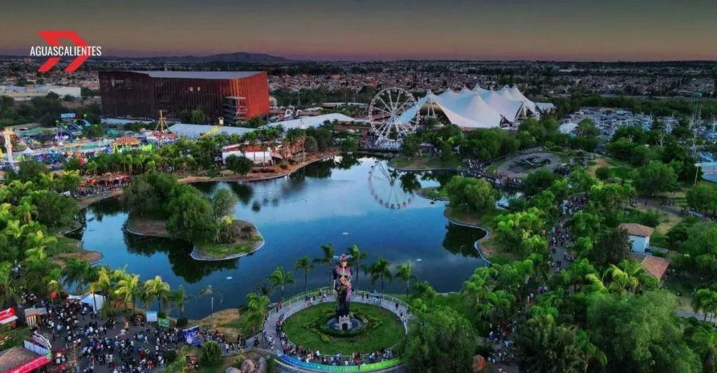 Aerial view of Isla San Marcos with lake and attractions during Feria San Marcos in Aguascalientes Mexico