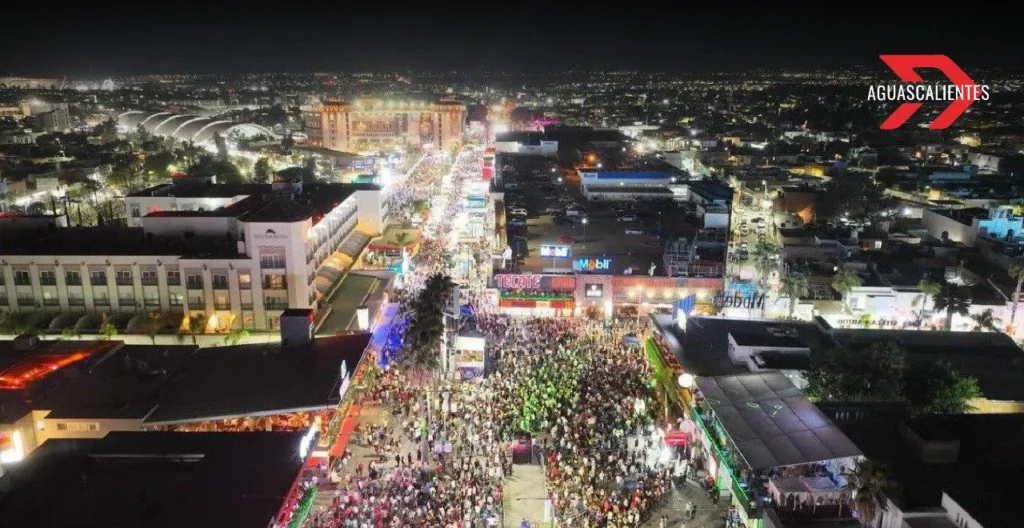 Aerial night view of large crowd during Feria San Marcos in downtown Aguascalientes Mexico