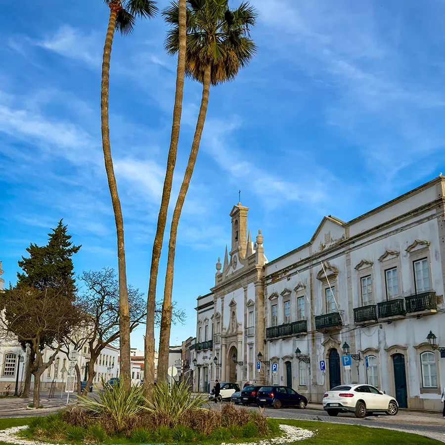 palmiers dans une place de Faro avec des bâtiments portugais historiques et une façade d’église sous un ciel bleu