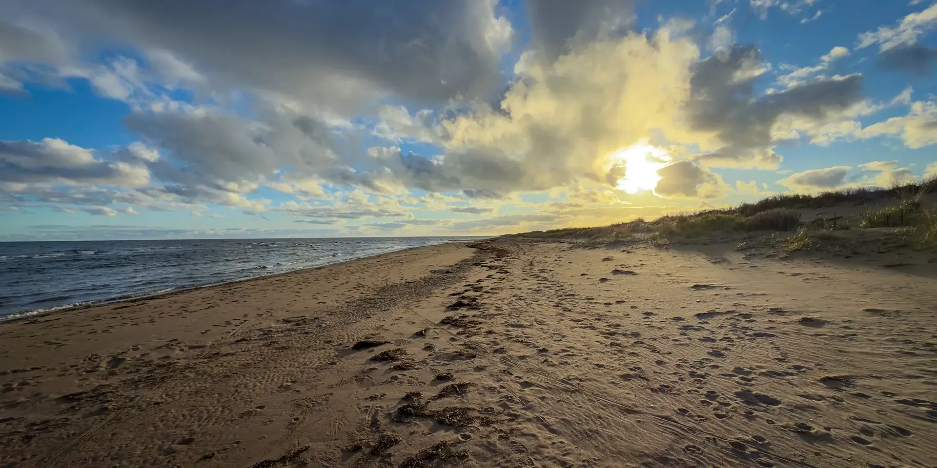 Soleil bas perçant les nuages au-dessus d’une plage de sable, avec l’eau d’un côté et des dunes herbeuses de l’autre.