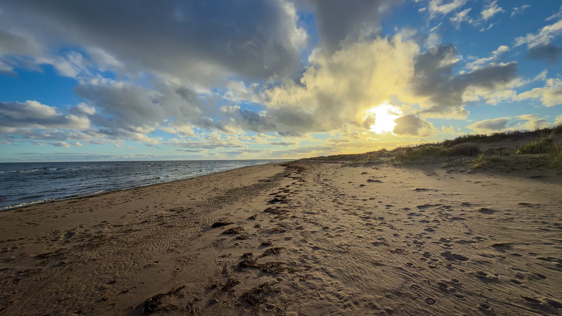 Low sun breaking through clouds over a sandy beach, with water on one side and grassy dunes on the other.