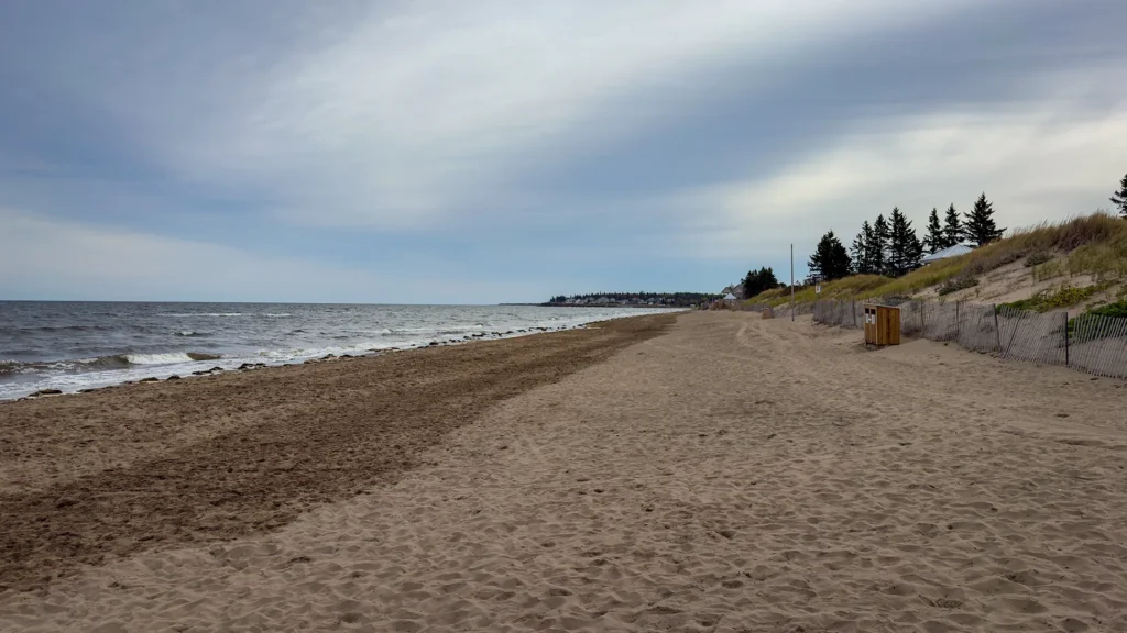 Wide, nearly empty Parlee Beach with water on the left and fenced grassy dunes on the right beneath a cloudy sky.